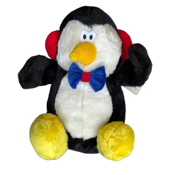 Vintage 90s HugFun Penguin Plush Ear Muffs Bow Tie Stuffed Animal TAGS 9" READ - Picture 1 of 12